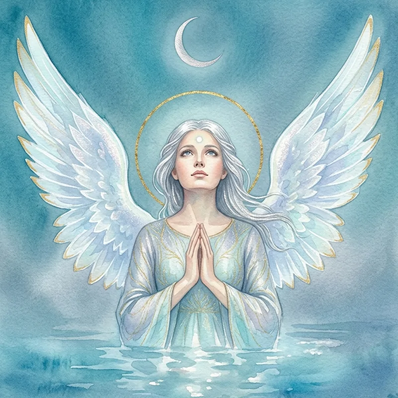 Archange Haniel, aquarelle : un ange aux cheveux argentés, les mains jointes en prière, dans l'eau sous un croissant de lune