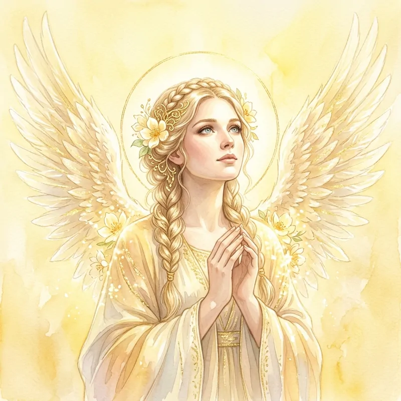 Archange Jophiel, aquarelle : un ange aux cheveux blonds tressés et ornés de fleurs, les mains jointes, sur un fond jaune lumineux