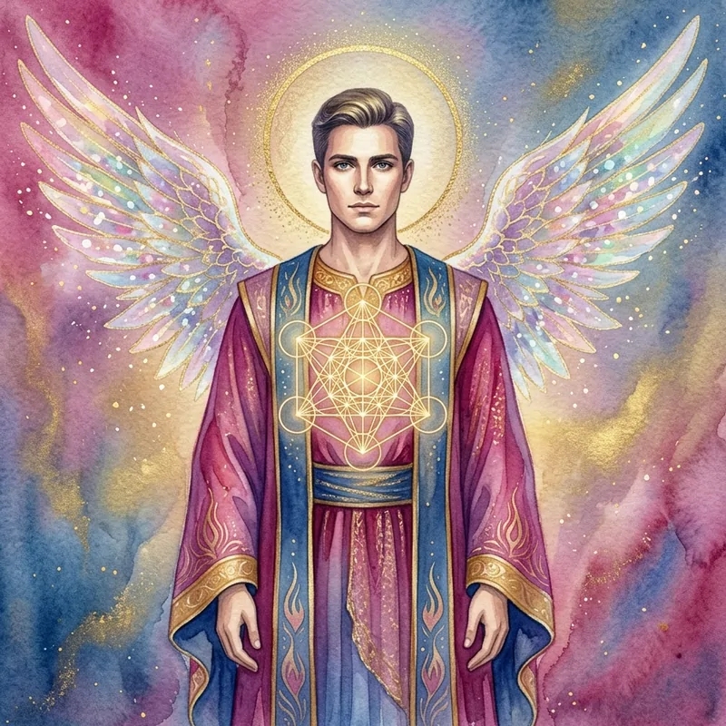 Archange Métatron, aquarelle : un ange en robe pourpre ornée du cube de Métatron, aux ailes irisées, sur un fond rose et bleu