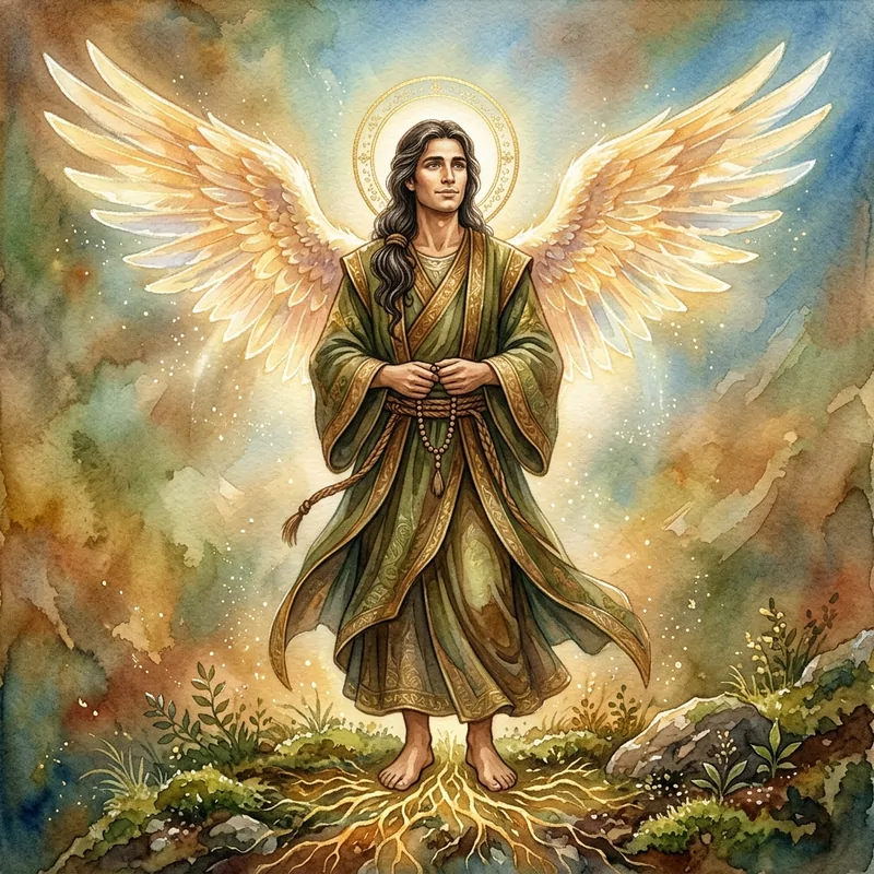 Archange Sandalphon, aquarelle : un ange aux longs cheveux, pieds nus sur la terre aux racines dorées, en robe verte et brune