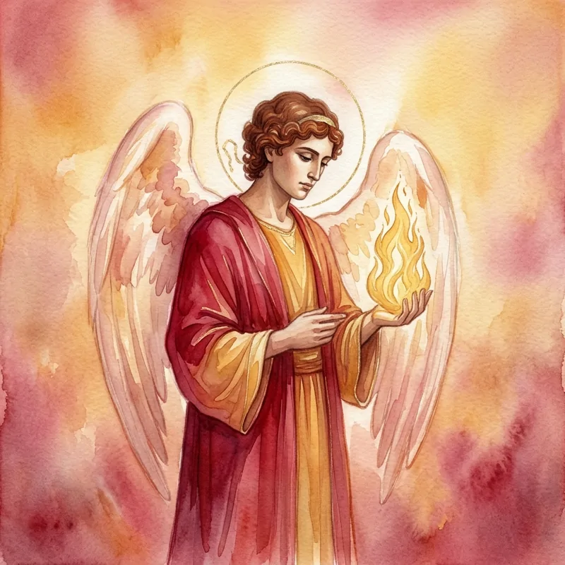 Archange Uriel, aquarelle : un ange en robe rouge tenant une flamme dans la main, sur un fond orange et doré