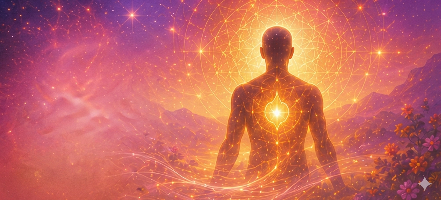 Silhouette humaine lumineuse en méditation — ma révélation avec la Flamme Violette